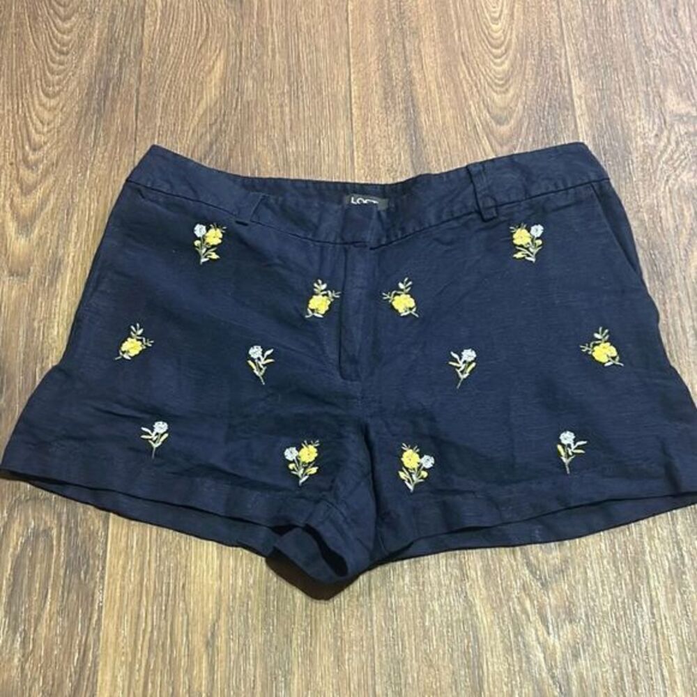 Loft linen blend navy shorts yellow embroidered flowers